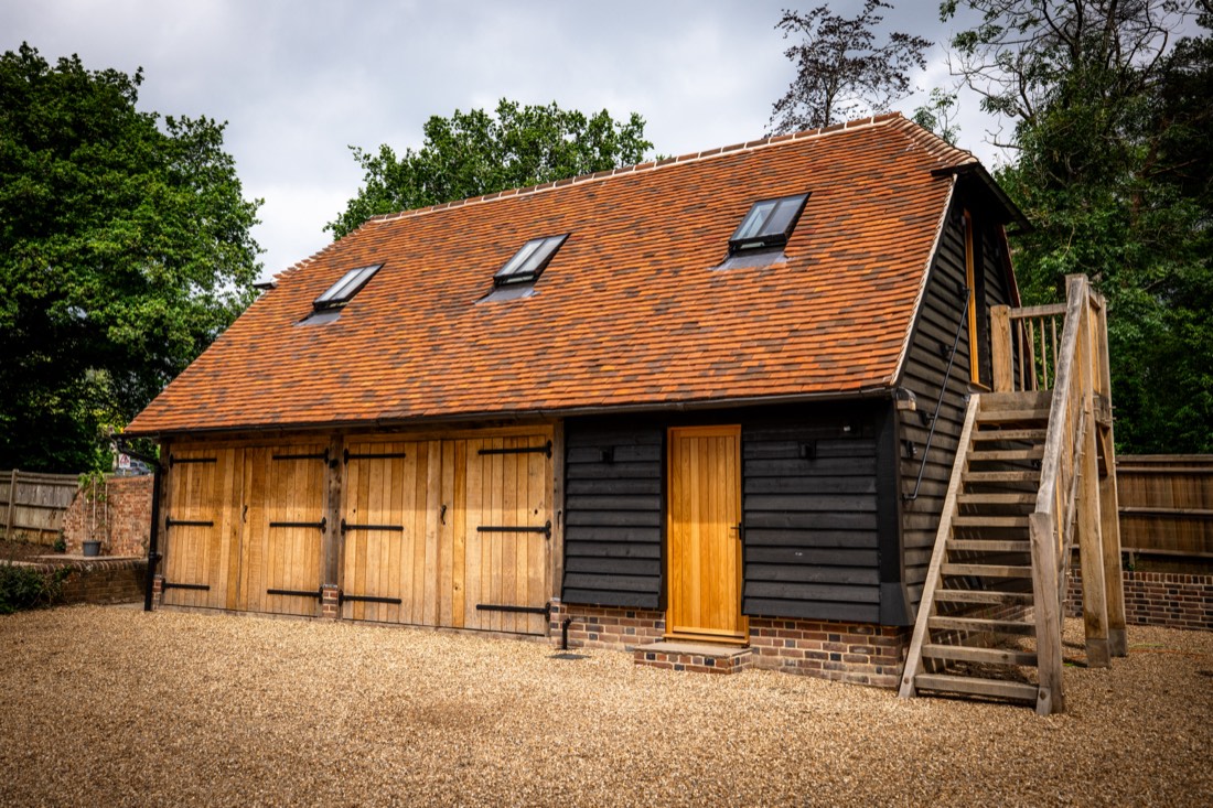 Oak framed garage with first floor office space and an external oak staircase